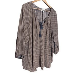 Prescott New York Women Brown 3/4 Sleeve Blouse 3x Plus Boho Tassel Peasant